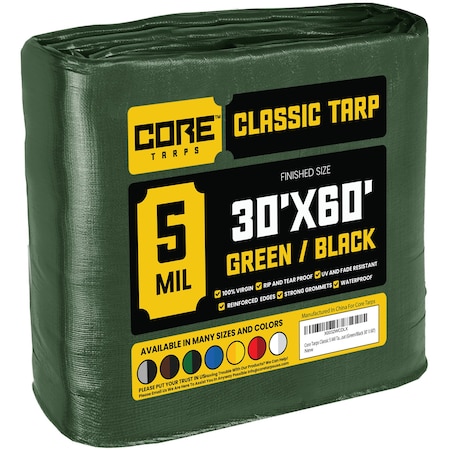 Core Tarps Tarp, 60 ft L x 0.5 mm H x 30 ft W, 5 Mil, Green/Black, Polyethylene CT-503-30X60